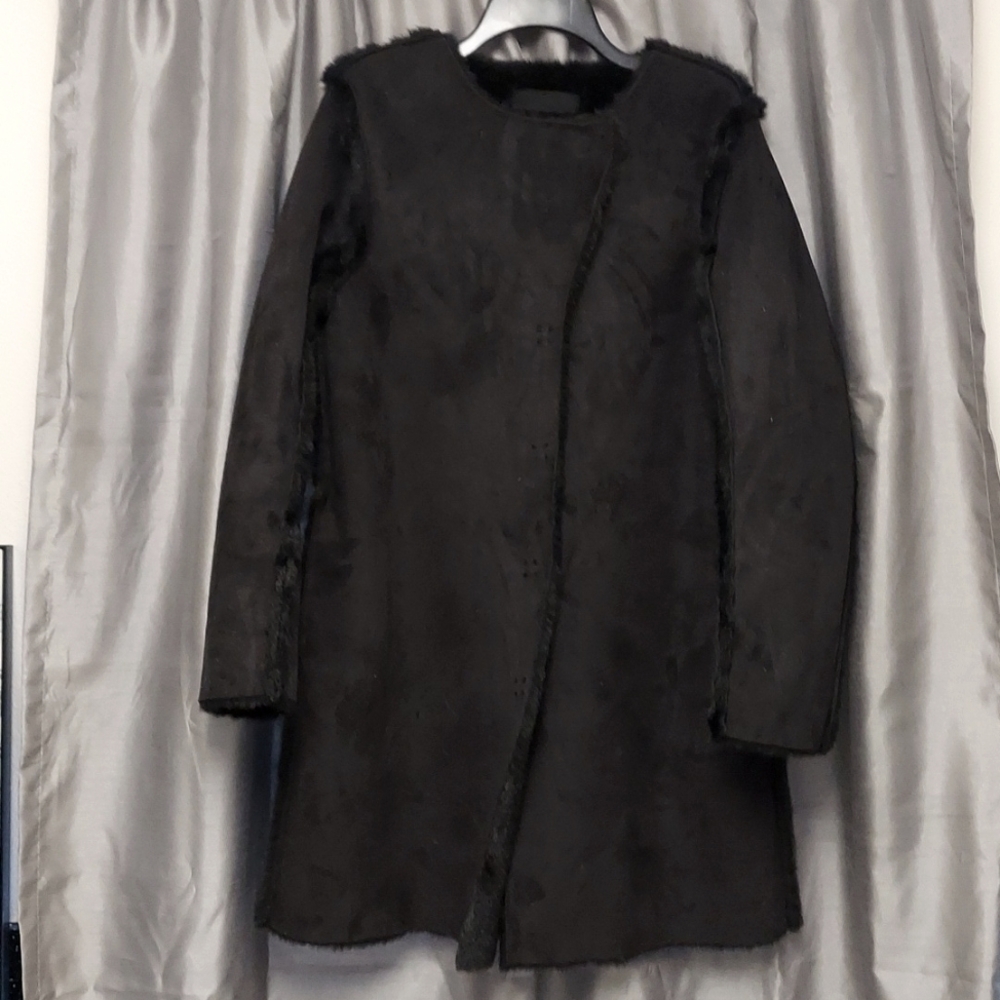 H&M New Faux Suede Size 12 Faux Fur Lined Raw Edges Coat